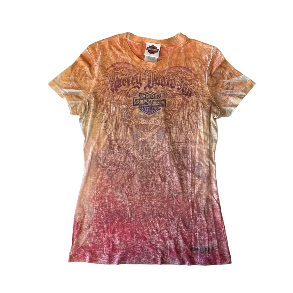Harley-Davidson Orange Pink Burn Out T-Shirt - Picture 1 of 6